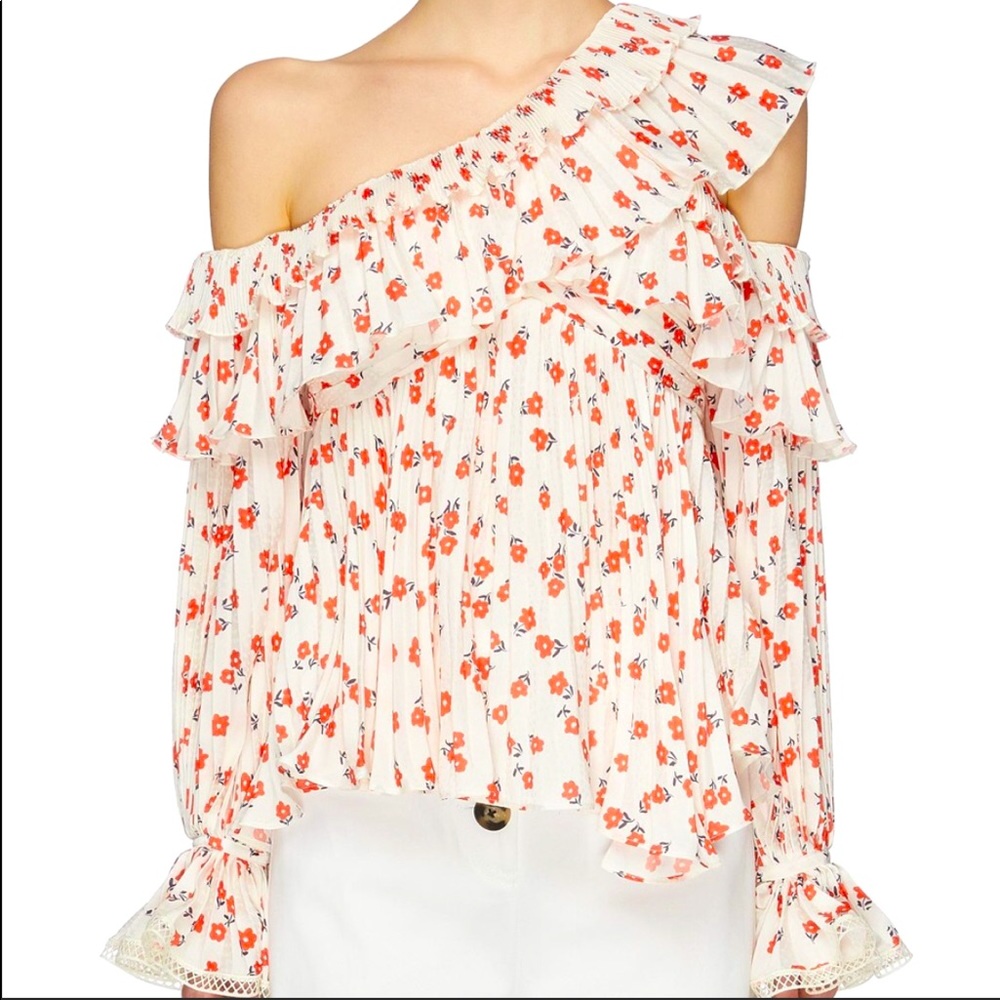 Self-Portrait Lace Asymmetrical Floral Print Top